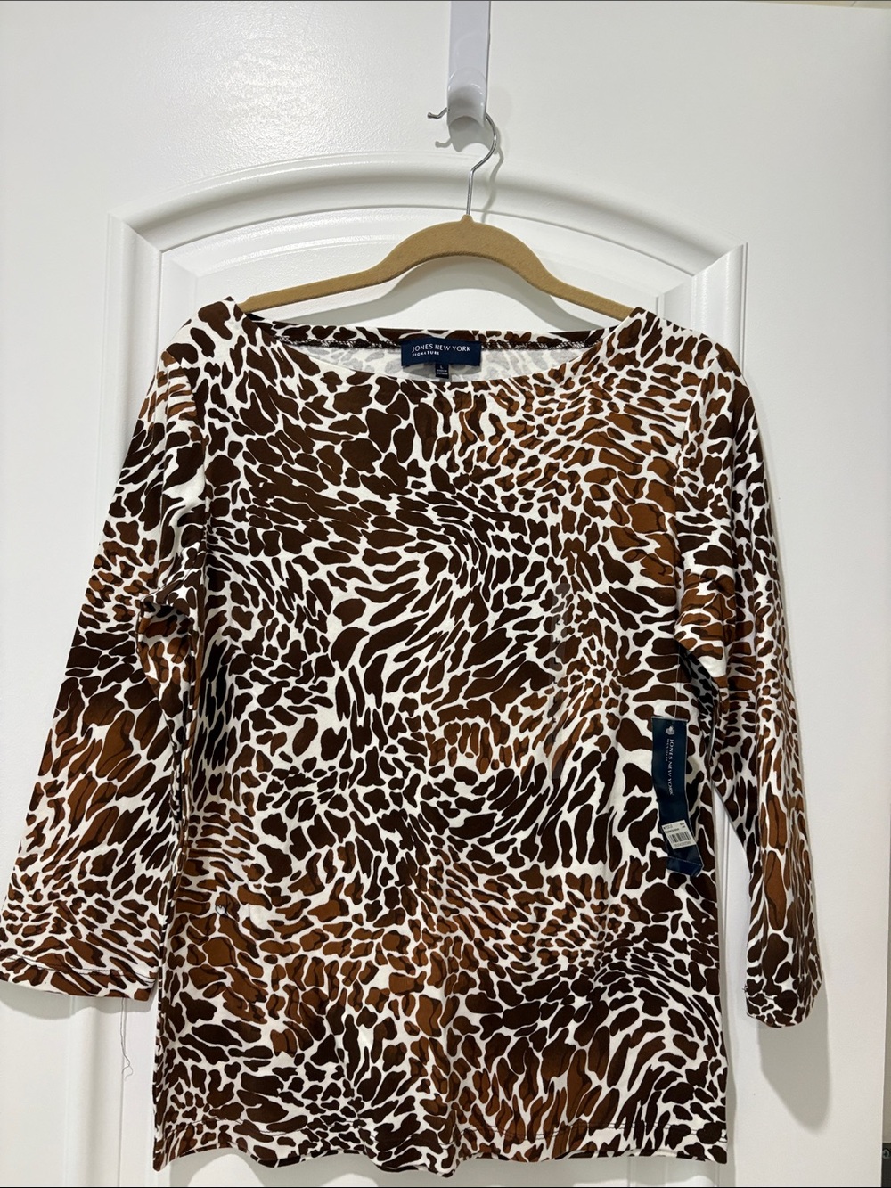Jones New York Brown and White Animal Print Boatneck Long Sleeve Top Sz L